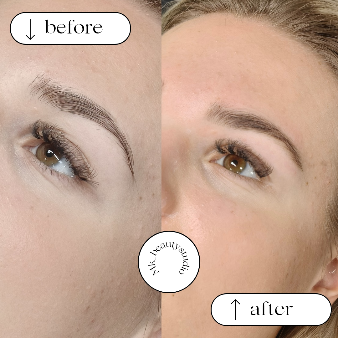 Voor en na van een wenkbrouwbehandeling bij MK Beauty Studio